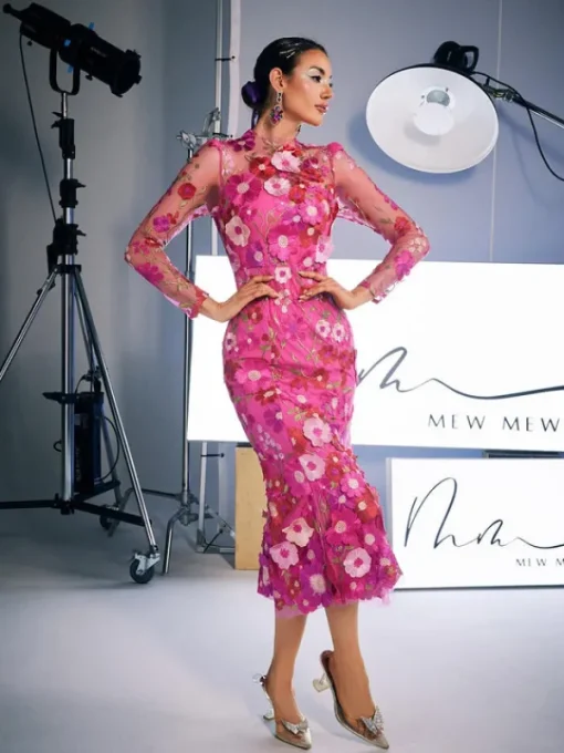 Dresses | Midi Dresses*Mew Mews Fashion Amara Long Sleeve Embroidered Midi Dress In Hot Pink