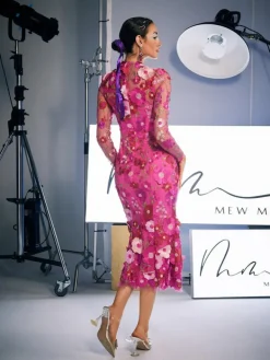 Dresses | Midi Dresses*Mew Mews Fashion Amara Long Sleeve Embroidered Midi Dress In Hot Pink