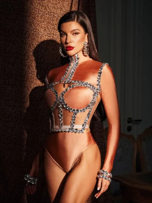 Sets & Co-ords*Jiu Bajia O/S Ambra Rhinestone Corset Bodysuit Set In Nude