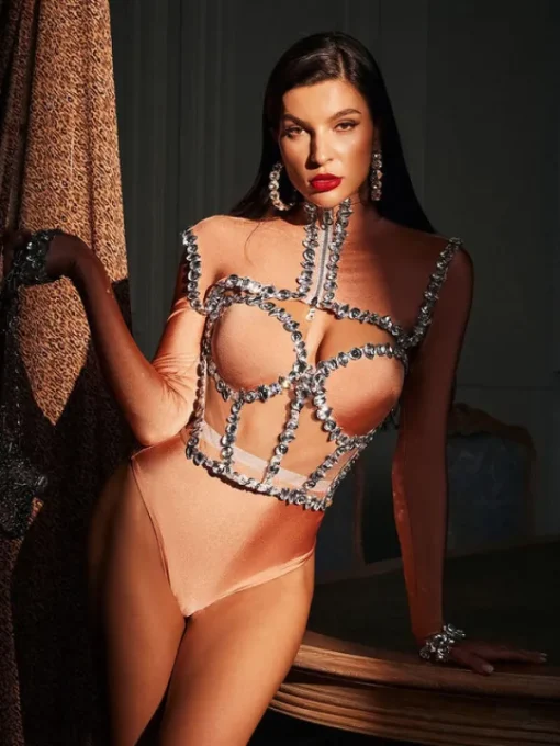 Sets & Co-ords*Jiu Bajia O/S Ambra Rhinestone Corset Bodysuit Set In Nude