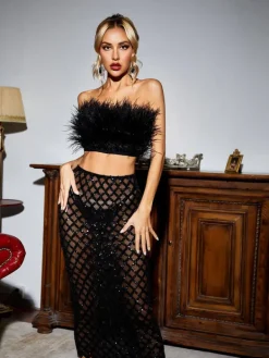Sets & Co-ords*Bandage Ansley Strapless Feather Mesh Skirt Set In Black