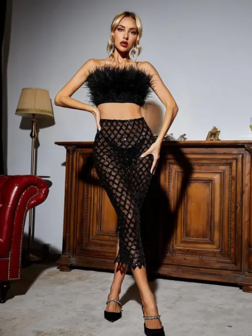 Sets & Co-ords*Bandage Ansley Strapless Feather Mesh Skirt Set In Black
