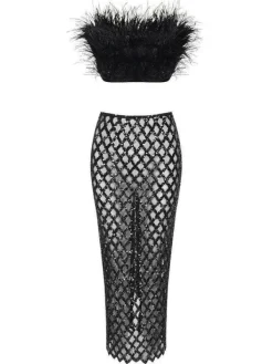 Sets & Co-ords*Bandage Ansley Strapless Feather Mesh Skirt Set In Black