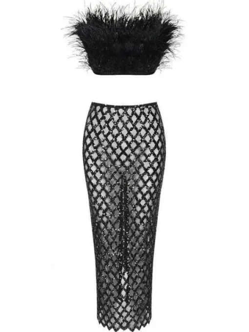 Sets & Co-ords*Bandage Ansley Strapless Feather Mesh Skirt Set In Black