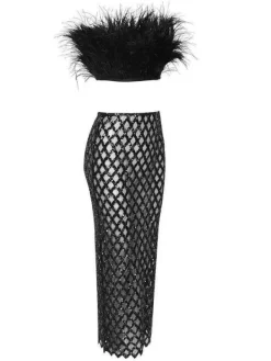 Sets & Co-ords*Bandage Ansley Strapless Feather Mesh Skirt Set In Black