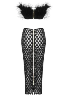 Sets & Co-ords*Bandage Ansley Strapless Feather Mesh Skirt Set In Black