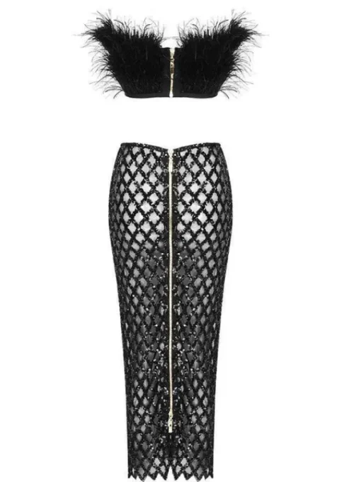 Sets & Co-ords*Bandage Ansley Strapless Feather Mesh Skirt Set In Black