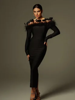 Dresses | Midi Dresses*Bandage Arlen Off Shoulder Feather Midi Dress