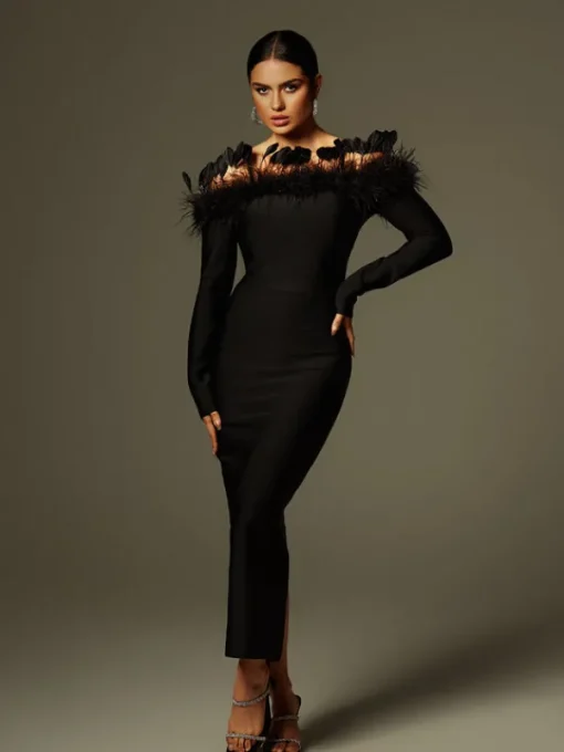 Dresses | Midi Dresses*Bandage Arlen Off Shoulder Feather Midi Dress