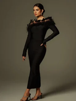 Dresses | Midi Dresses*Bandage Arlen Off Shoulder Feather Midi Dress