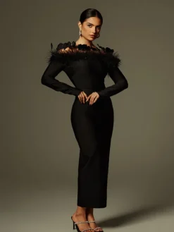 Dresses | Midi Dresses*Bandage Arlen Off Shoulder Feather Midi Dress