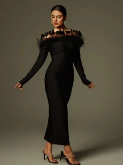 Dresses | Midi Dresses*Bandage Arlen Off Shoulder Feather Midi Dress
