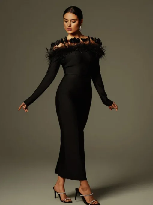 Dresses | Midi Dresses*Bandage Arlen Off Shoulder Feather Midi Dress