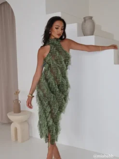 Dresses*Mew Mews Fashion Arlo Halterneck Backless Hollow Midi Dress In Green