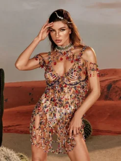 Beaded Wear | Dresses*Mew Mews Fashion O/S Arthur Rhinestone Beaded Mini Dress