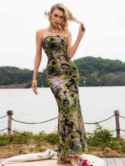 Dresses*Mew Mews Fashion Asa Strapless Floral Sequin Maxi Dress