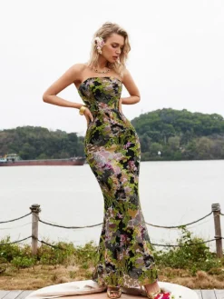 Dresses*Mew Mews Fashion Asa Strapless Floral Sequin Maxi Dress