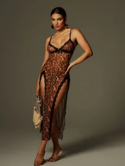 Dresses | Midi Dresses*Mew Mews Fashion Astragal Spaghetti Leopard Split Midi Dress