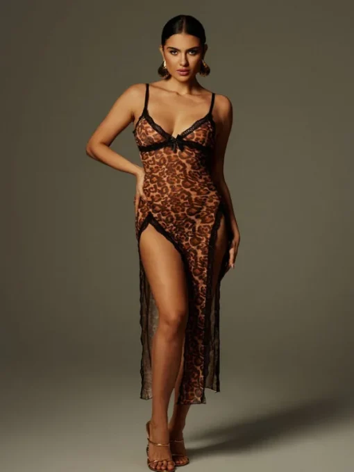 Dresses | Midi Dresses*Mew Mews Fashion Astragal Spaghetti Leopard Split Midi Dress
