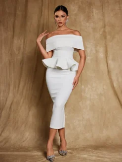 Dresses | Midi Dresses*Mew Mews Fashion Augustus Off Shoulder Flounce Midi Dress In White