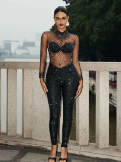 Jumpsuits & Romper | Embellishment*Nuo Fansi Azami Mesh Crystal Jumpsuit In Black
