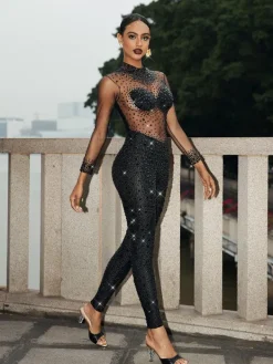Jumpsuits & Romper | Embellishment*Nuo Fansi Azami Mesh Crystal Jumpsuit In Black
