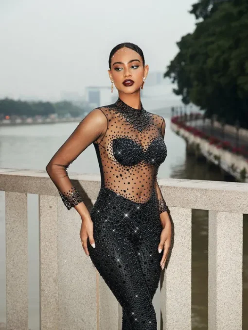 Jumpsuits & Romper | Embellishment*Nuo Fansi Azami Mesh Crystal Jumpsuit In Black