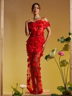 Dresses | Maxi Dresses*Mew Mews Fashion Azizi Off Shoulder Flower Mesh Maxi Dress