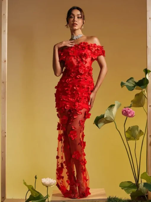 Dresses | Maxi Dresses*Mew Mews Fashion Azizi Off Shoulder Flower Mesh Maxi Dress