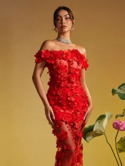 Dresses | Maxi Dresses*Mew Mews Fashion Azizi Off Shoulder Flower Mesh Maxi Dress