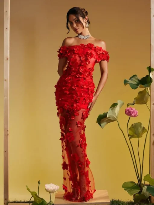 Dresses | Maxi Dresses*Mew Mews Fashion Azizi Off Shoulder Flower Mesh Maxi Dress
