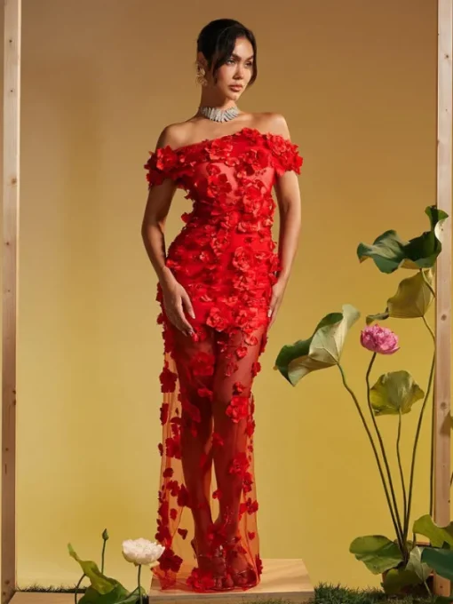 Dresses | Maxi Dresses*Mew Mews Fashion Azizi Off Shoulder Flower Mesh Maxi Dress