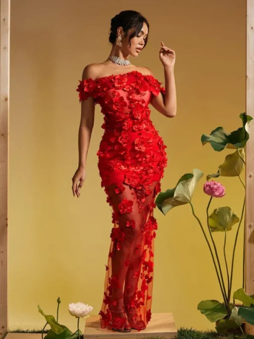 Dresses | Maxi Dresses*Mew Mews Fashion Azizi Off Shoulder Flower Mesh Maxi Dress
