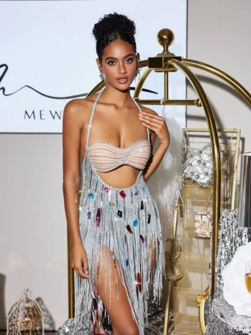Embellishment | Dresses*Embellishment Bach Halterneck Crystal Chain Fringe Mini Dress