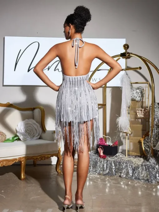 Embellishment | Dresses*Embellishment Bach Halterneck Crystal Chain Fringe Mini Dress