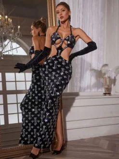 Embellishment | Dresses*Nuo Fansi Banjo Rhinestone Cutout Maxi Dress With Gloves