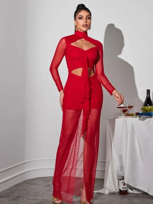 Dresses | Maxi Dresses*Mew Mews Fashion Bedelia Long Sleeve Cutout Mesh Maxi Dress