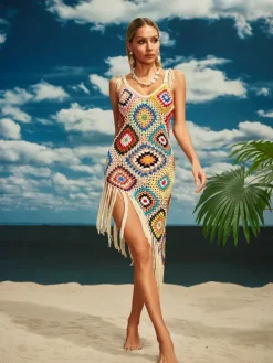 Cover-ups | Swimwear*Mew Mews Fashion O/S Belva Spaghetti Knitted Fringe Midi Dress