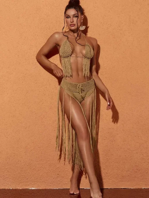 Bikini Sets | Swimwear*Mew Mews Fashion Berlin Knit Fringe Bikini Two Piece Set In Brown