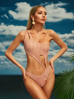 Swimwear*Mew Mews Fashion Bilge Striped Cutout One Piece Swimsuit