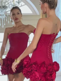 Dresses | Mini Dresses*Mew Mews Fashion Birtin Strapless Flower Mini Dress In Red