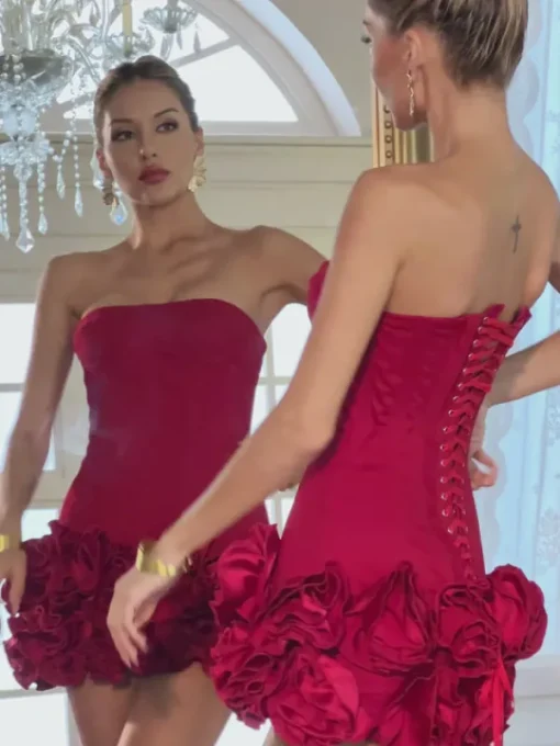 Dresses | Mini Dresses*Mew Mews Fashion Birtin Strapless Flower Mini Dress In Red