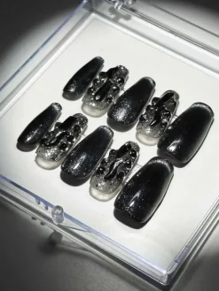 Press On Nails*Mew Mews Fashion Black Cat Eye Crystal Handmade Press On Nails