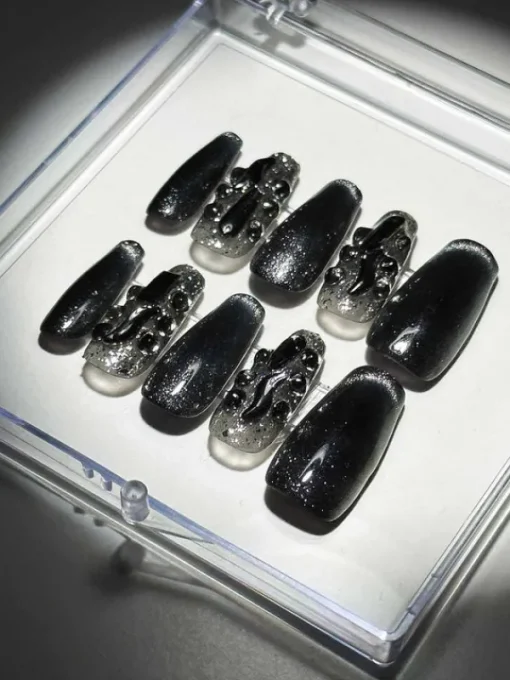 Press On Nails*Mew Mews Fashion Black Cat Eye Crystal Handmade Press On Nails