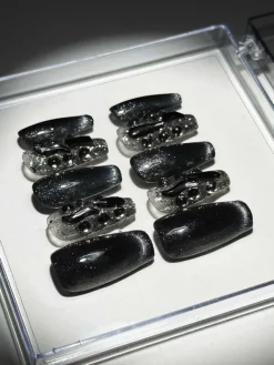 Press On Nails*Mew Mews Fashion Black Cat Eye Crystal Handmade Press On Nails