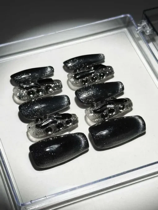 Press On Nails*Mew Mews Fashion Black Cat Eye Crystal Handmade Press On Nails