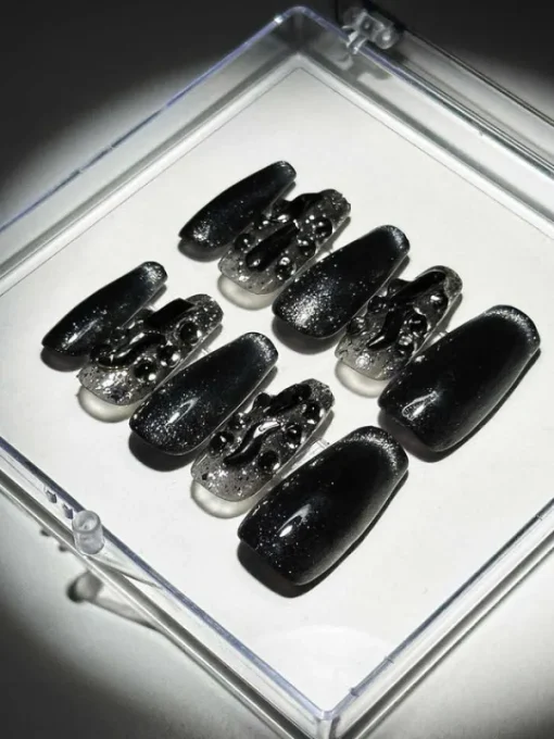 Press On Nails*Mew Mews Fashion Black Cat Eye Crystal Handmade Press On Nails