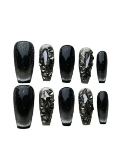 Press On Nails*Mew Mews Fashion Black Cat Eye Crystal Handmade Press On Nails