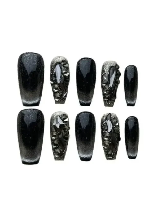Press On Nails*Mew Mews Fashion Black Cat Eye Crystal Handmade Press On Nails