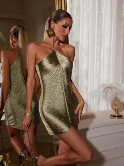 Dresses | Mini Dresses*Mew Mews Fashion Bluma Halterneck Fringe Mini Dress In Olive